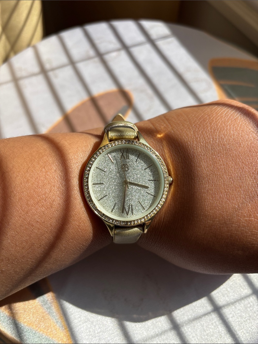 Daisy Fuentes Gold Glitter Dial Leather Strap Watch